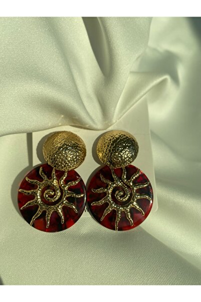 JEWELRY Gold Güneş Detaylı Bordo Küpe