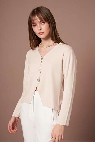 FTZ WOMEN Women's Button Detail V-Neck Cardigan Stone 25264