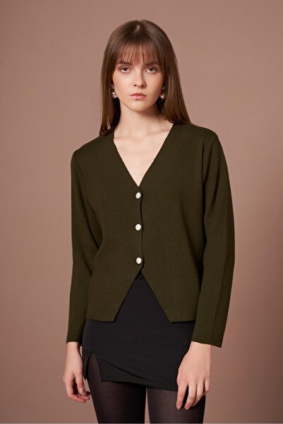 FTZ WOMEN Women's Button Detail V-Neck Cardigan Khaki 25264