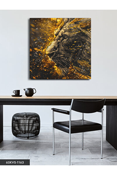 Evinemoda Χρυσό Λεπτομερές Πίνακας Λιονταριού σε Ένα Κομμάτι Τετράγωνο Καμβά ...