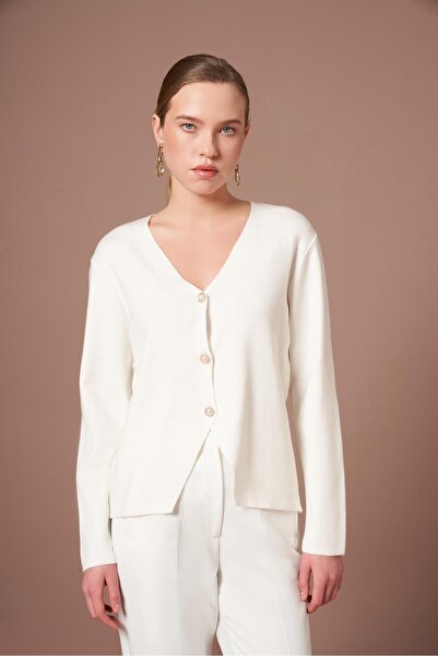 FTZ WOMEN Women's Button Detail V-Neck Cardigan Ecru 25264