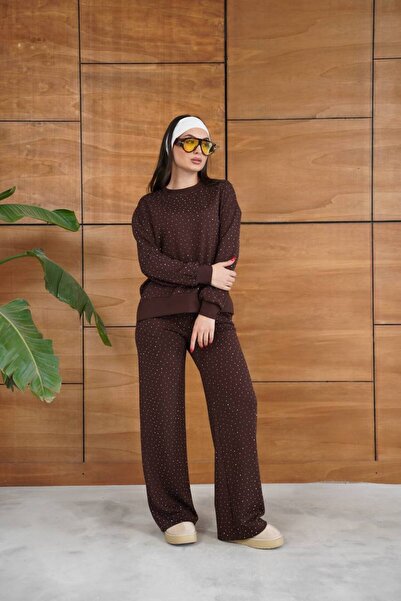 ZF BUTİK Kadın Bisiklet Yaka Taş İşlemeli Bluz Pantolon İkili Takım