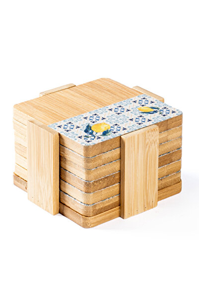 Tantitoni Bamboo 6 Piece Amalfi Patterned Coaster Set with Stand 11.5X11.5Cm