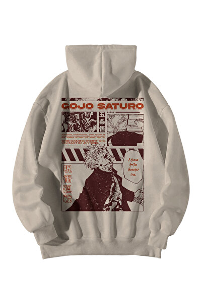 Scrovtie Unisex Cream Oversized Hoodie - Gojo Saturo Anime Printed 3 Thread Ş...