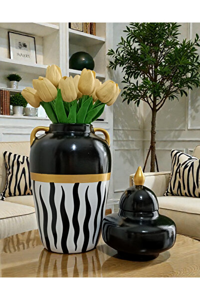 VERA HOME DECOR مزهرية سوداء من السيراميك، مزخرفة يدويًا بنقش الحمار الوحشي، ...