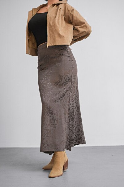 ZAWẼN ZAWEN Kadın Jakarlı Floş Saten Etek – Yüksek Bel, Midi Boy | Yeni Sezon