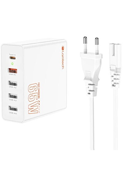 Lamtech Încărcare rapidă GaN PD 1xUSB Type-C 4xUSB QC3.0 65W Alb