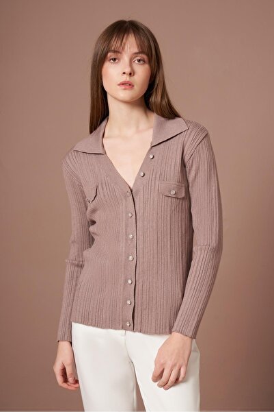 FTZ WOMEN Women's Corded Fabric V-Neck Cardigan Milk Coffee 25021