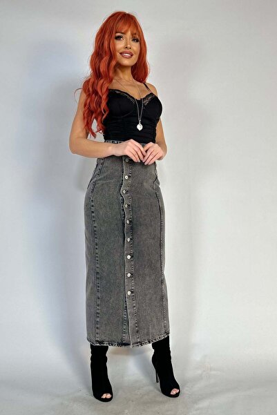 WildFashion Fusta lunga, casual din denim cu nasturi vizibili in fata G845-18