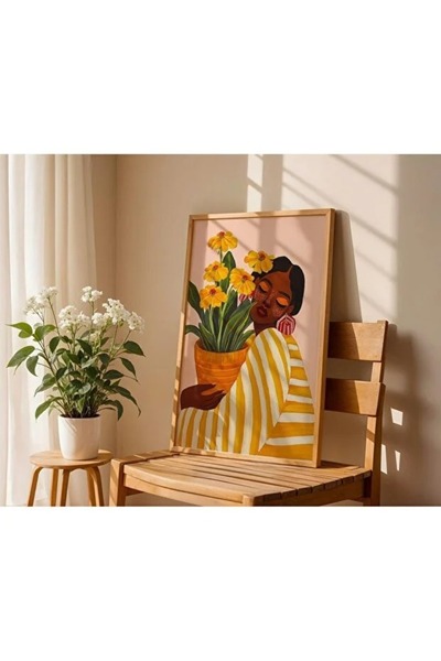AR AJANS KANVAS TABLO Tablou MDF ÎNRĂMUIT cu flori în ghiveci și femeie