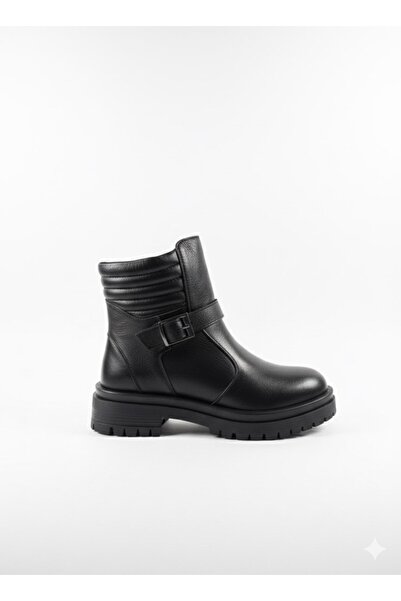 Öztürk Brand Short Heeled Belt Buckle Women's Leather Fur Lined Boots Brand-856