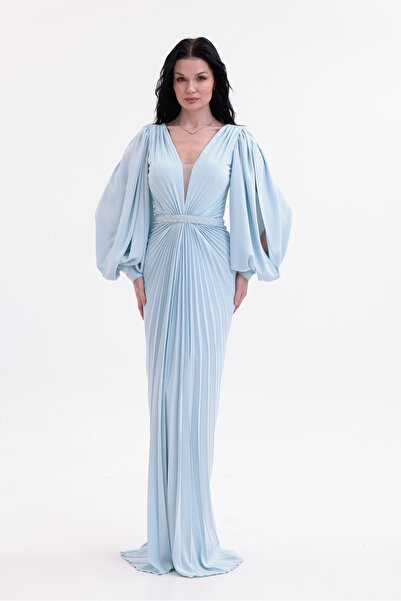 BDM Exclusive Şifon Balon Kollu Drape Detaylı Premium Abiye Elbise