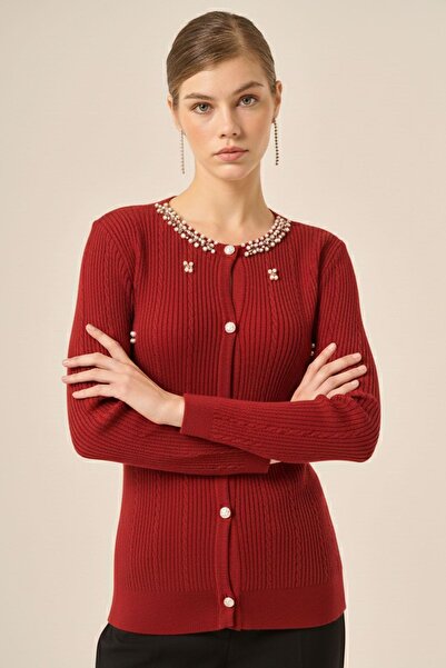 FTZ WOMEN Women's Pearl and Beyoğlu Detailed Cardigan Red 25090