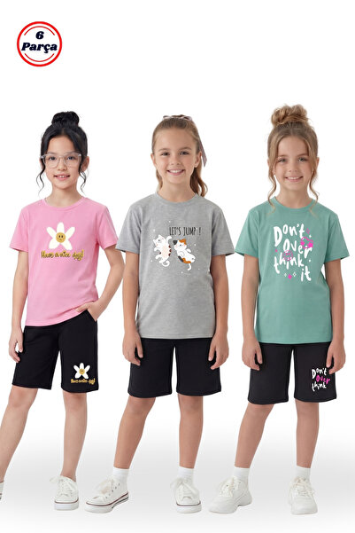 FYK KİDS 3-Piece Round Neck Capri Pants Print Detailed Summer Girl's 6-Piece ...