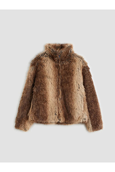 LC Waikiki Beige Stand Collar Women's Fur Coat