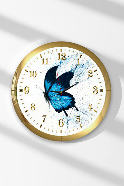 Zevahir Mobilya Dekorasyon Gold Framed Blue Butterfly Themed Round Mdf Wall C...