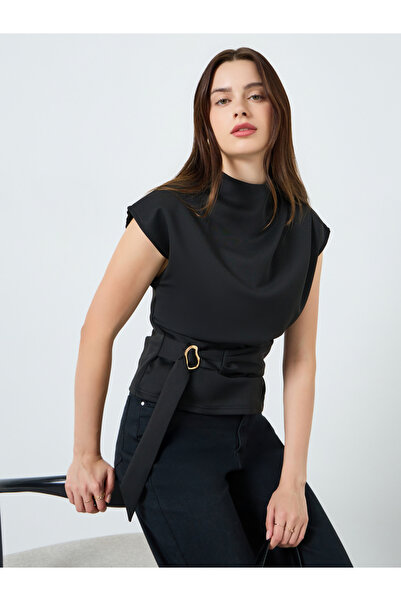 Styli Women Black Mock Neck Blouse with Belt