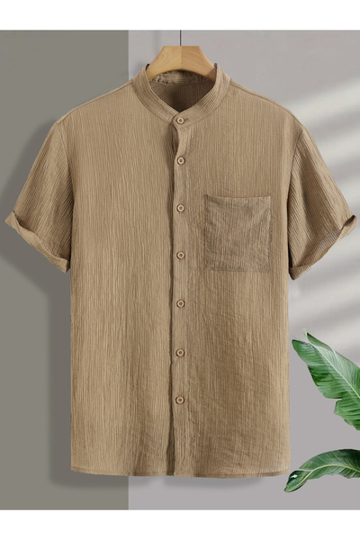 Take Two By Styli Men Tan Textured Short Sleeve Shirt