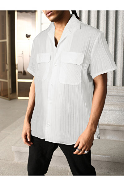 Take Two By Styli Men White Textured Camp Collar Shirt