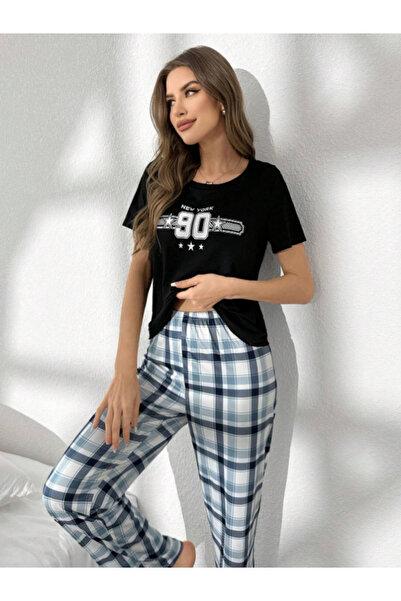 Take Two By Styli Women Black Graphic Print T-Shirt and Pyjama Set