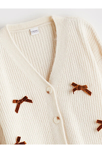 LC Waikiki V-Neck Bow Detailed Girls' Knitwear Cardigan