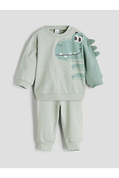 LC Waikiki Green Dinosaur Printed Baby Boy Tracksuit Set