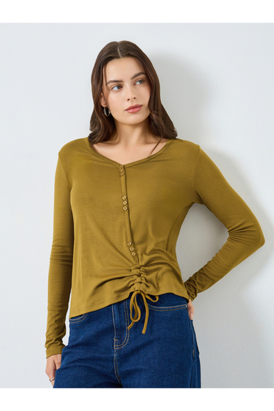 Styli Women Drawstring Buttoned Knit Top