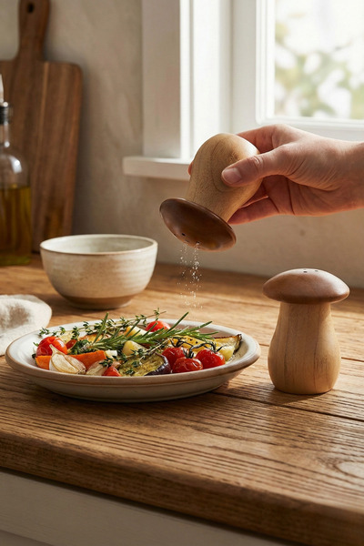 Poomy Set of 2 Bamboo Mushroom Salt and Pepper Shakers - Natural Bamboo Decor...
