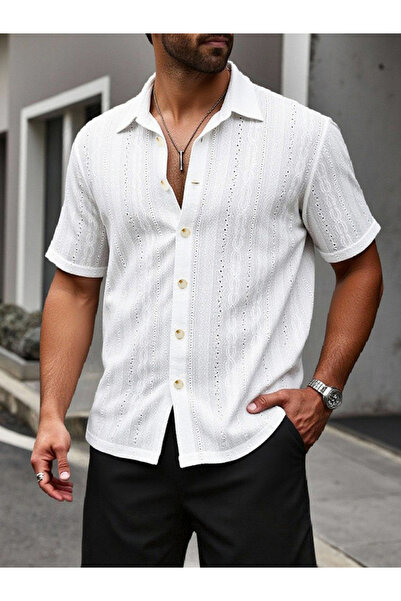 Take Two By Styli Men Eyelet Short Sleeve Shirt with Spread Collar