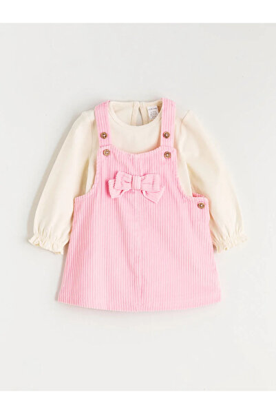 LC Waikiki Fiyonk Detaylı Kadife Kız Bebek Salopet Elbise ve Tişört