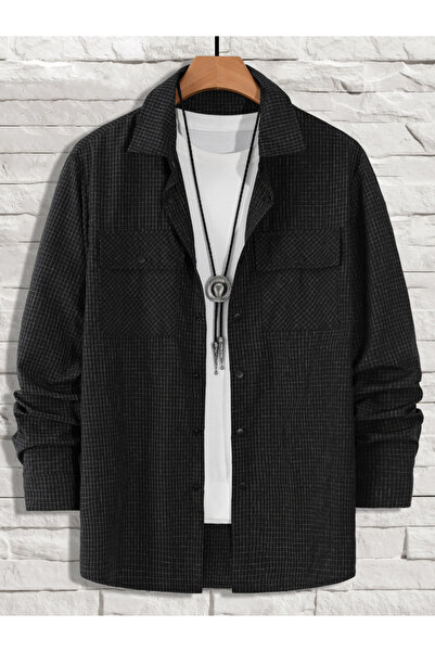 Take Two By Styli Men Black Plaid Shirt with Pockets