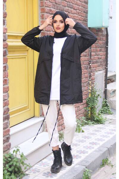 comstar Жіночий капюшонний трендовий довгий чорний плащ з кишенями