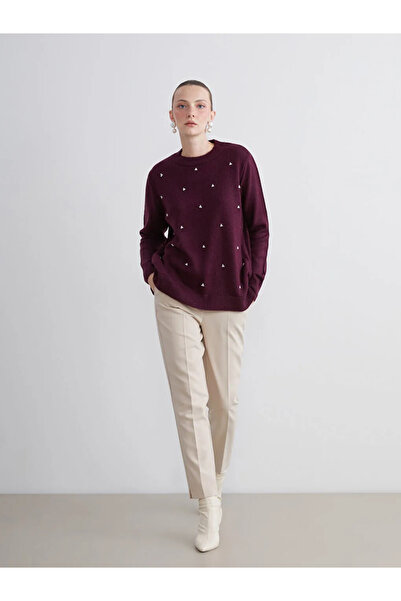 LC Waikiki Pulover de damă cu mărgele brodate cu gât roșu