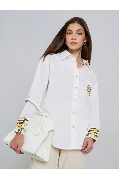Styli Women White Embroidered Cuff Oversized Shirt