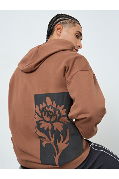 Styli Men Brown Floral Print Fleece Hoodie