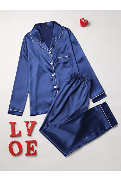 Take Two By Styli Women Navy Blue Long Sleeve Shirt and Pyjama Set