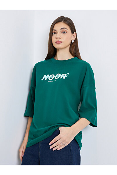 Styli Women Dark Green Slogan Print Oversized T-Shirt
