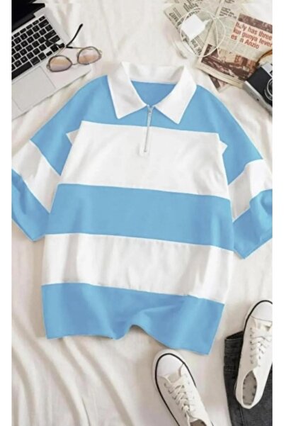 MODAGEN Unisex bebi plava prugasta polo majica sa patentnim zatvaračem i širo...