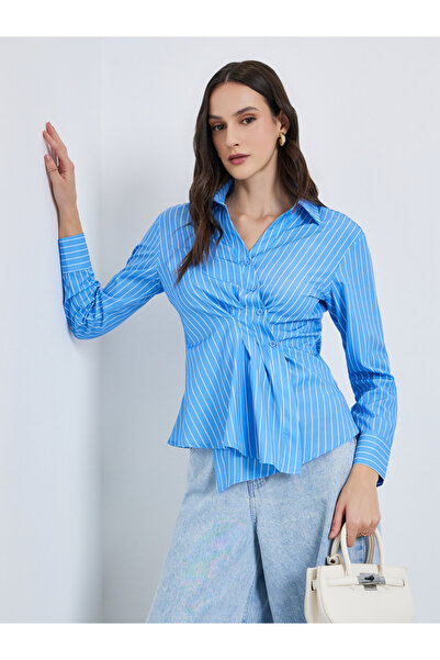 Styli Women Blue Striped Wrap Top