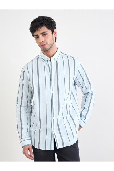 Styli Men Light Blue Striped Long Sleeve Shirt