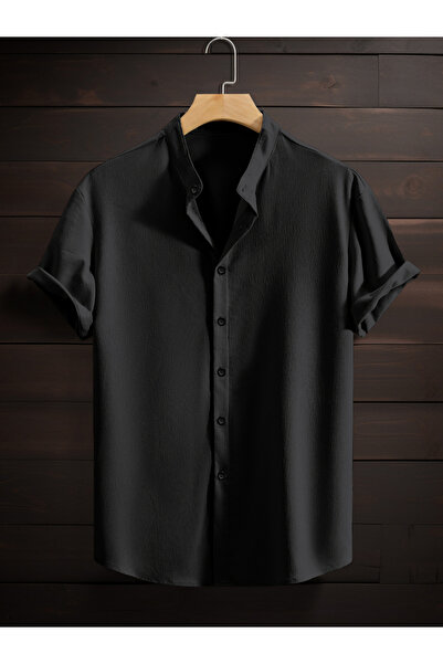Take Two By Styli Men Black Textured Mandarin Collar Shirt