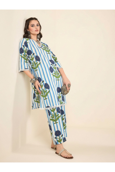 WineRed By Styli Women White Striped Floral Printed Cotton Co-ord Set