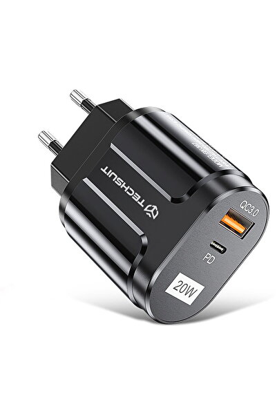 Techsuit Încărcător Priză USB-A, QC 3.0, USB-C, 20W - Premium (CHPD038) - Negru