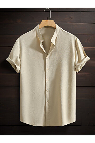 Take Two By Styli Men Beige Mandarin Collar Short Sleeve Shirt