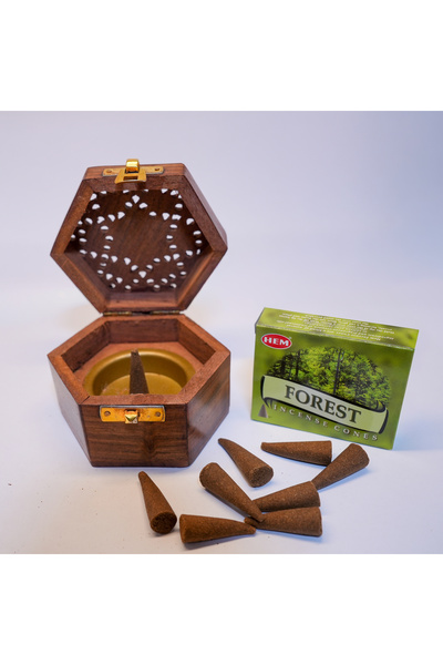 memyap Ahşap Konik Tütsü Kutusu + Forest Kokulu Konik Tütsü Seti | Kapaklı De...
