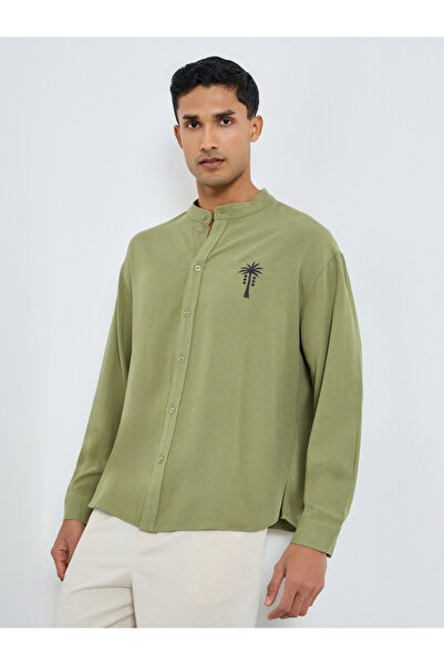 Styli Men Olive Linen Mandarin Collar Shirt