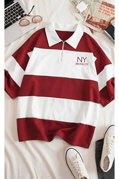 MODAGEN Unisex Bordo Çizgili NY Baskılı Fermuarlı Polo Yaka Oversize T-shirt