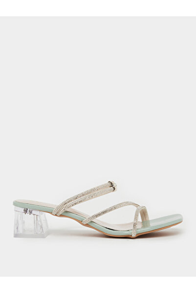 Take Two By Styli Green Rhinestone Strap Block Heel Sandals
