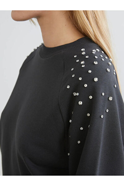 LC Waikiki Anthracite Crew Neck Stone Oversized Women's Sweatshirt