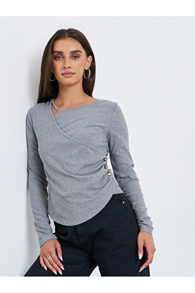 Styli Women Grey Asymmetric Long Sleeve Top